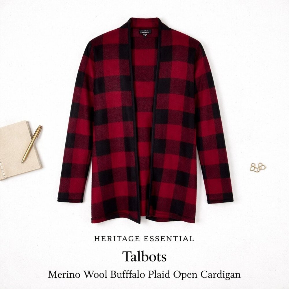 Talbots 100% Merino Wool Buffalo Plaid Open Cardigan Red Black S